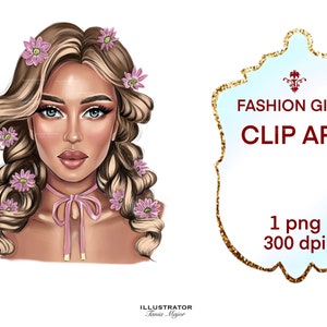 Fashion girl clipart Fashion girl with pink flowers clipart, Planner clipart, Planner cover, Fashion illustration, female face art