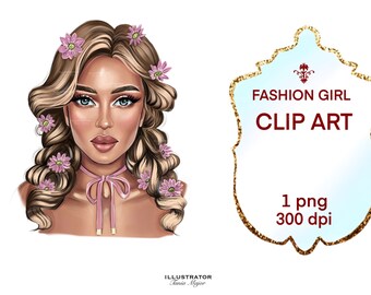 Fashion girl clipart Fashion girl with pink flowers clipart, Planner clipart, Planner cover, Fashion illustration, female face art