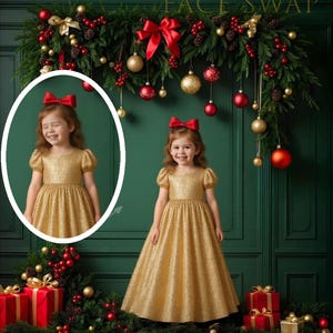 May include: Two girls wearing gold glitter dresses with red bows in their hair. The girls are standing in front of a green wall decorated with a garland of pine branches, red berries, and gold ornaments. The text "FACE SWAP" is visible at the top of the image.