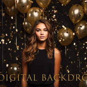 Op de afbeelding: Een digitale achtergrond met een vrouw in een zwarte jurk tegen een zwarte achtergrond met gouden ballonnen en confetti. De woorden "DIGITAL BACKDROP" worden in goud weergegeven. Extra achtergrondopties worden rechtsboven weergegeven.