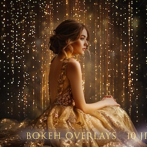 May include: A woman in a gold sequined dress sits in front of a background of sparkling lights. The lights are arranged in vertical lines, creating a shimmering effect.