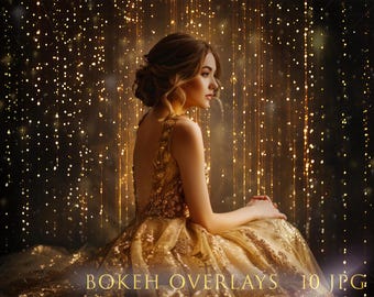 May include: A woman in a gold sequined dress sits in front of a background of sparkling lights. The lights are arranged in vertical lines, creating a shimmering effect.