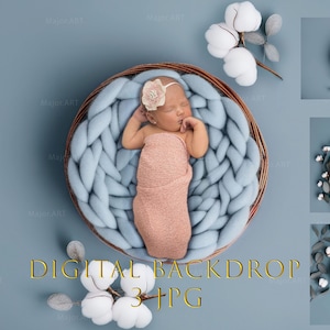 Blue Newborn photography backdrop digital, Digital Backdrop, Photo Background, cotton, Wicker basket, digital background, newborn background