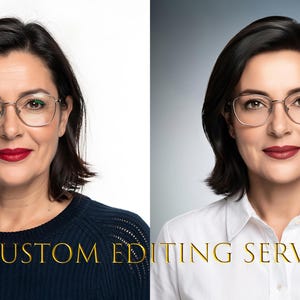 May include: A split-screen comparison showing a person with dark hair and glasses, wearing a dark blue sweater on the left and a white collared shirt on the right, with the gold text CUSTOM EDITING SERVICE centered at the bottom of the image.