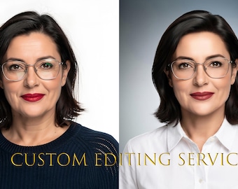 May include: A split-screen comparison showing a person with dark hair and glasses, wearing a dark blue sweater on the left and a white collared shirt on the right, with the gold text CUSTOM EDITING SERVICE centered at the bottom of the image.