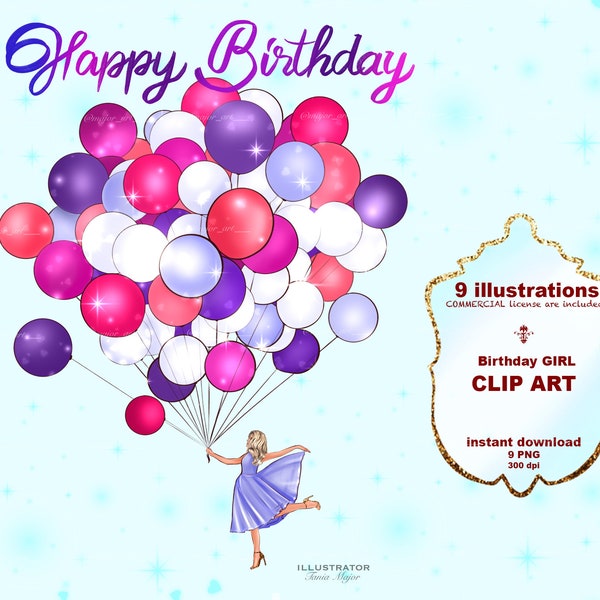 Birthday girl clipart Fashion girl clipart Girl with balloons clipart Birthday invitation printable  Birthday party decorations clipart