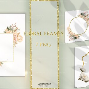 May include: Seven floral frames with gold borders and watercolor flowers. The frames are on a light green background with shadows. The text "Floral Frames 7 PNG" is in the center of the image.