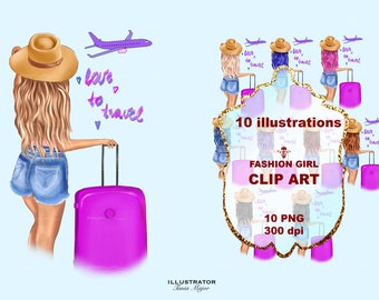 Clipart de chica de viaje, Clipart de viaje, Chica de viaje png, Clipart de chica de moda, Clip art de chica de mezclilla, descargas de diseños de sublimación