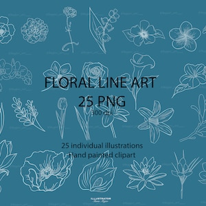 Flowers clipart, Flower outlines, floral line art, 25 floral  individual illustrations, botanical clipart, flower png, botanical line art