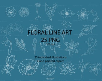 Flowers clipart, Flower outlines, floral line art, 25 floral  individual illustrations, botanical clipart, flower png, botanical line art