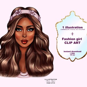Fashion girl clipart, Black Fashion girl with pink band clipart, Planner clipart, Planner cover, Doll clip art, female face art