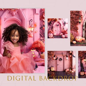 May include: Five digital backdrops featuring a pink and purple Halloween theme. The backdrops include a pink door with vines, a pink door with pumpkins, a pink door with a girl in a pink dress, a pink door with a pumpkin and a pink door with a pumpkin and a girl in a pink dress.
