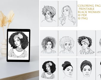 Black woman clipart, Face clipart, Female face PNG, Portrait line art, 10 PNG, 10 PDF, Coloring page printable, fashion coloring page