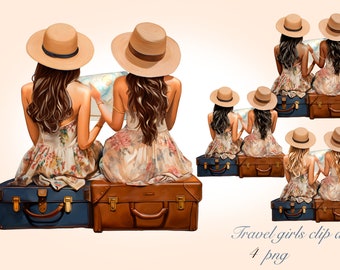 Clipart per ragazze di viaggio, clipart di viaggio, png per ragazze di viaggio, clipart per ragazze di moda, ragazze sedute su valigie, download di disegni di sublimazione