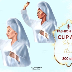 May include: Two illustrations of a person in a white bathrobe and a white towel on their head. The person is holding a white cup in one hand and their other hand is raised in the air. The illustrations are on a light blue background with a gold glitter frame that says "FASHION GIRL CLIP ART Self care Clipart 300 dpi".
