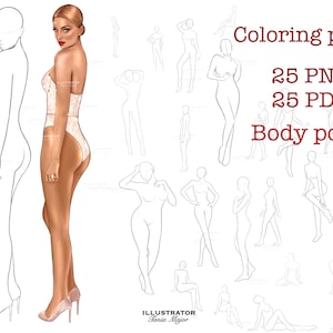 Kleurplaten body template, Figuur PNG, Vrouwelijke pose stempel, full body png, portret PNG, PDF