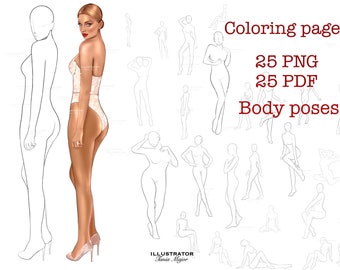 Coloring pages body template, Figure  PNG, Female pose stamp, full body png, portrait PNG, PDF