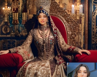 May include: A woman wearing a gold and red embroidered gown with a crown and jewelry. She is sitting on a throne with a red velvet cushion. The background is a tapestry with gold accents.