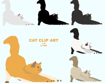Cat PNG, Flat vector illustration, Printable cat clipart, Cute Cat clipart, Cute pets, Cats PNG for mug, Fluffy cat