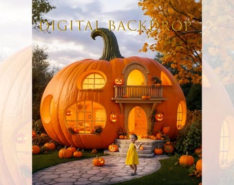 May include: A large orange pumpkin shaped house with windows and a porch. The house is decorated with carved pumpkins and lights. A young girl in a yellow dress stands in front of the house.