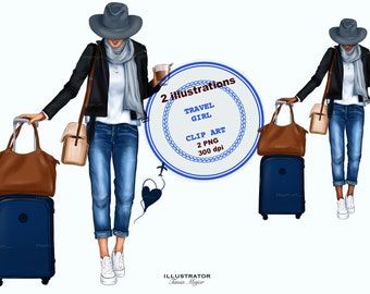 Clipart de chica de viaje, Clipart de viaje, Chica de viaje png, Clipart de chica de moda, Clip art de chica de mezclilla, descargas de diseños de sublimación
