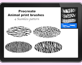 May include: A digital tablet screen displaying four seamless animal print patterns: zebra, leopard, crocodile, and tiger. The patterns are black and white and are displayed in oval shapes. The text "Procreate Animal print brushes 4 Seamless pattern" is at the top of the screen.