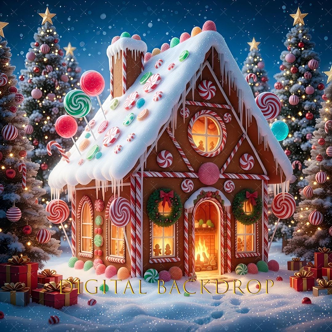 Christmas Backdrop, Gingerbread House Digital Backdrop, Candy Canes ...