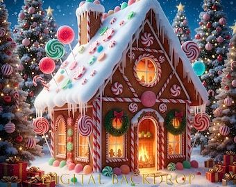 Christmas backdrop, Gingerbread House Digital Backdrop, Candy Canes, Photography Digital Backdrop, Holiday Scene
