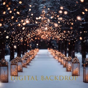 May include: A digital backdrop featuring a snow-covered path lined with lanterns and trees. Overhead, strings of warm, glowing lights create a festive atmosphere. The text "DIGITAL BACKDROP" is displayed in gold at the bottom.