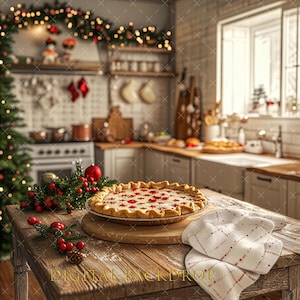 May include: A festive kitchen scene with a freshly baked pie on a wooden table. The pie has a golden crust and a red berry topping. A folded white and red patterned cloth sits nearby. Christmas decorations adorn the background.