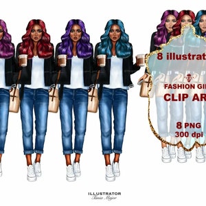 Fashion girl clipart, Fashion girl coloured hair, Planner clipart, doll clip art, Sublimation designs downloads, Denim fashion girl clipart