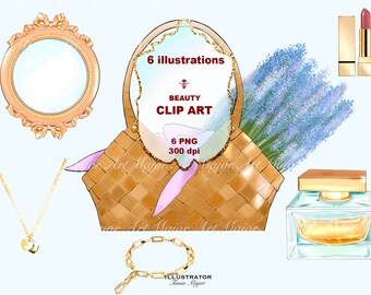Fashion accessories clipart,Fashion clipart,Bag clipart,flowers clipart,cosmetics clipart,perfume clipart, lipstick clipart