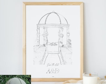May include: A black and white line drawing of a wedding ceremony taking place in a gazebo. The drawing is framed in a light wood frame. The text "Save the date" and "A&D" is below the drawing. The date "2024" is below the names.