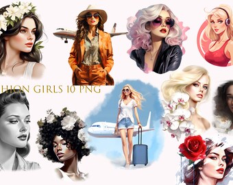 Imágenes prediseñadas de moda, Imágenes prediseñadas de chica de moda, Portada de planificador, Imágenes prediseñadas de chica de viaje, Colección para blog, descargas de diseños de sublimación