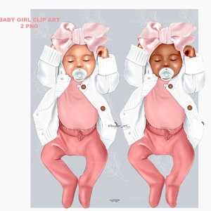 Könnte beinhalten: Zwei digitale Illustrationen von Babys in rosa und weißen Outfits. Beide Babys tragen rosa Schleifen und Schnuller. Die Babys haben unterschiedliche Hauttöne.