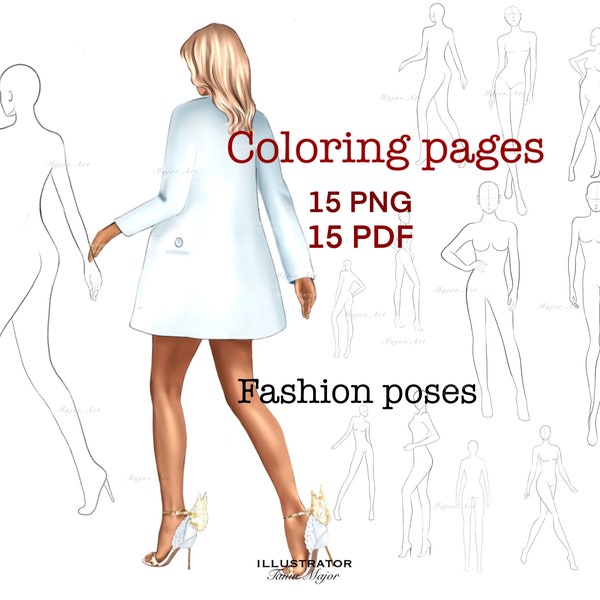 Coloring pages Fashion Figures, female fashion pose stamp, Body template, full body, Fashion model stamp, guide, portrait