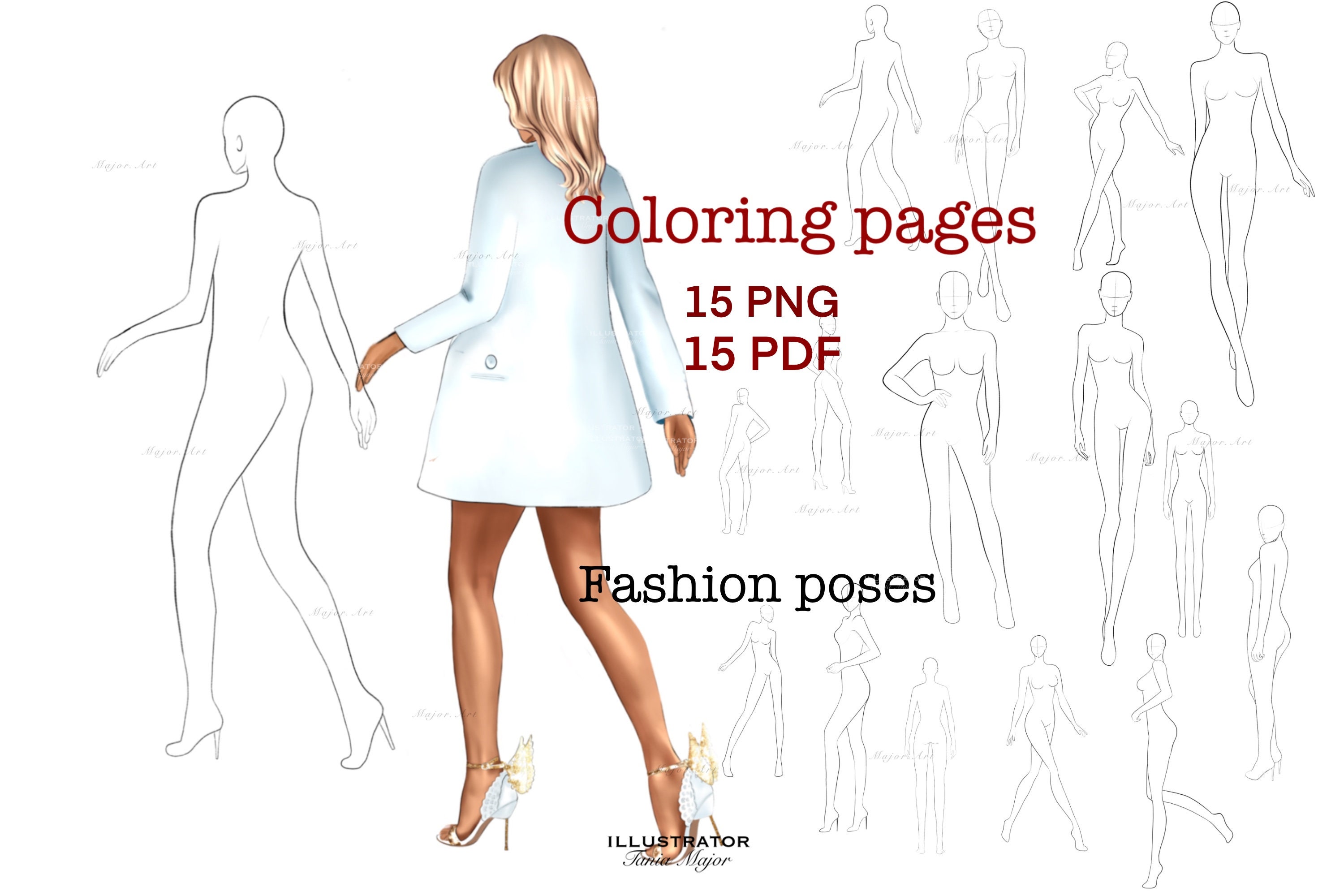 Coloring pages Fashion Figures, female fashion pose stamp, Body template, full body, Fashion model stamp, guide, portrait
