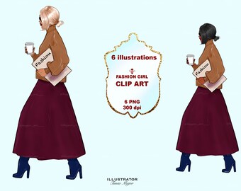 Ilustração de moda, clipart de garota de moda, capa de planejador, visual de moda, clipart de garota de outono, garota com café, downloads de designs de sublimação