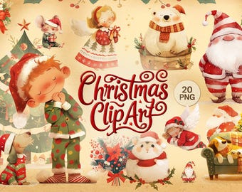 Christmas Clipart Bundle, Watercolor Characters PNG, Santa Claus Clipart, Christmas Clipart, Angel Clipart, Kids Christmas Illustrations