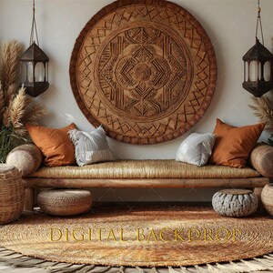 May include: A bohemian-style interior scene featuring a woven bench with orange and white pillows, a large carved wooden wall hanging, and decorative lanterns. A woven rug and baskets add to the warm, inviting aesthetic.