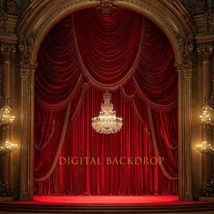 May include: A digital backdrop featuring a grand theater stage with deep red velvet curtains, an ornate gold archway, and a central crystal chandelier. The words DIGITAL BACKDROP are printed in gold in the center of the red curtain fabric.