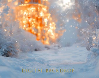 May include: A digital backdrop showing a snowy winter scene with frosted trees and a snow-covered path. Warm, golden lights are blurred in the background, with the text "DIGITAL BACKDROP" in gold.