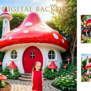 Puede incluir: Una casa de setas roja y blanca con una puerta roja y una ventana blanca. La casa está rodeada de hierba verde y flores. Una niña con un vestido rojo está de pie frente a la casa.