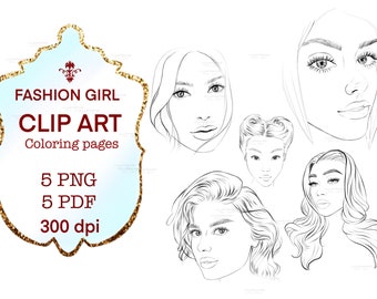 Coloring pages, Face clipart, Female face PNG, Portrait line art, 5 PNG, 5 PDF, Coloring page printable, fashion coloring page
