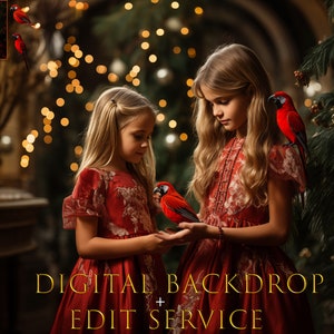 May include: A digital backdrop and edit service featuring two children with long blonde hair wearing matching red dresses with white floral embroidery, standing near a Christmas tree with red parrots and golden bokeh lights. Text reads: DIGITAL BACKDROP + EDIT SERVICE.