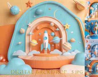 May include: A digital backdrop featuring a 3D illustration of a rocket ship launching from a platform surrounded by planets and stars. The background is a blue and orange gradient with clouds. The text "DIGITAL BACKDROP 5 JPG" is at the bottom of the image.