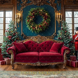 May include: A festive interior scene featuring a red velvet sofa with gold trim, flanked by decorated Christmas trees. A large wreath hangs on the teal wall, adorned with red and gold ornaments. Presents and a toy soldier complete the holiday decor.