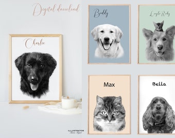 Ritratto di animale domestico personalizzato, schizzo di animale domestico da foto, ritratto di schizzo, regalo personalizzato per animali domestici, download digitale, ritratto di cane personalizzato, memoriale per animali domestici