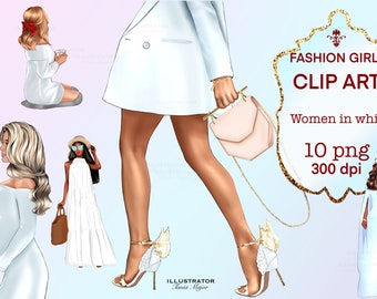 May include: Clip art illustration of women in white dresses. The illustration includes five women in various poses, including a woman in a white blazer, a woman in a white dress with a hat, a woman in a white dress holding a purse, a woman in a white dress holding a cup, and a woman in a white dress with a cape. The illustration is set against a light blue background with a gold glitter border.