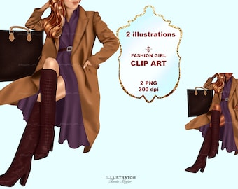 Clipart de moda, clipart de menina de outono, downloads de designs de sublimação, clipart de menina de moda, capa de planejador PNG, download instantâneo, cabelo ruivo de menina